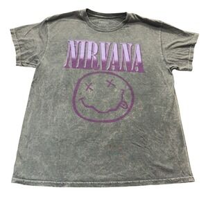 Nirvana Smiley Face Mineral Wash Graphic Tee Unisex L Faded Gray
